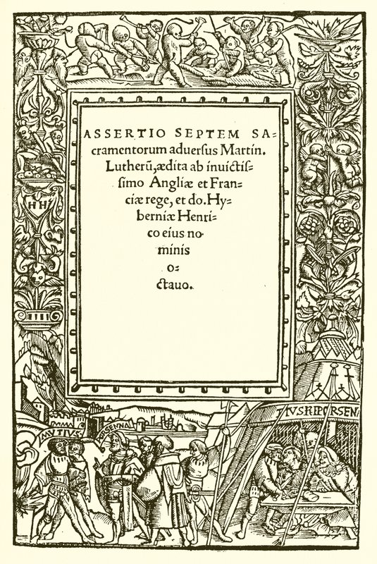 Pagina del titolo del libro di Enrico VIII contro Lutero da English School
