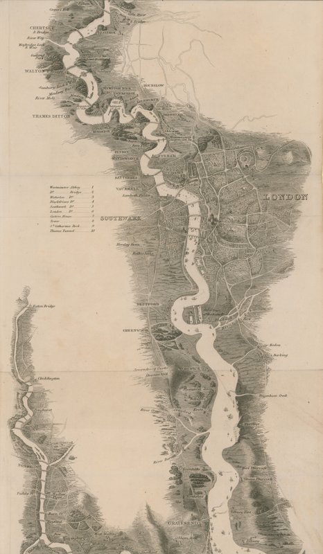 Mappa panoramica del Tamigi e Medway di Tombleson da English School