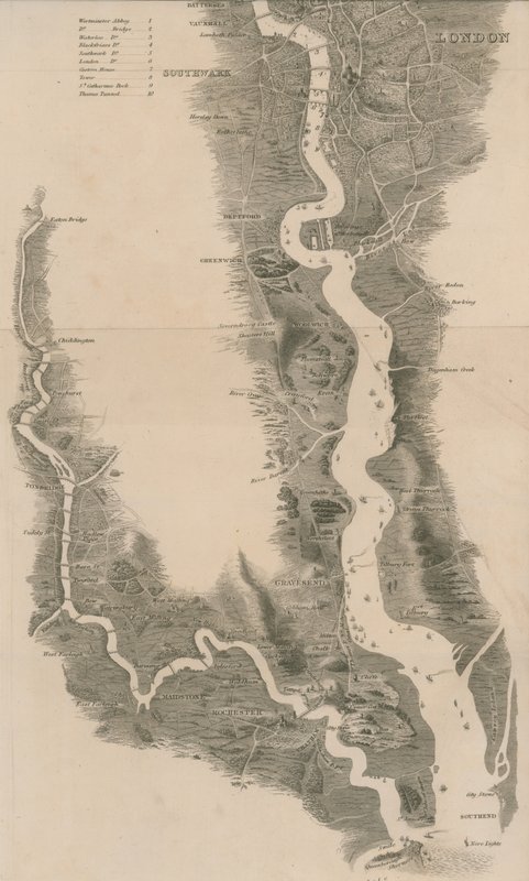 Mappa panoramica del Tamigi e Medway di Tombleson da English School