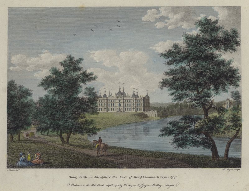 Tong Castle, Shropshire, la residenza di Benjamin Channock Payne (incisione colorata) da English School
