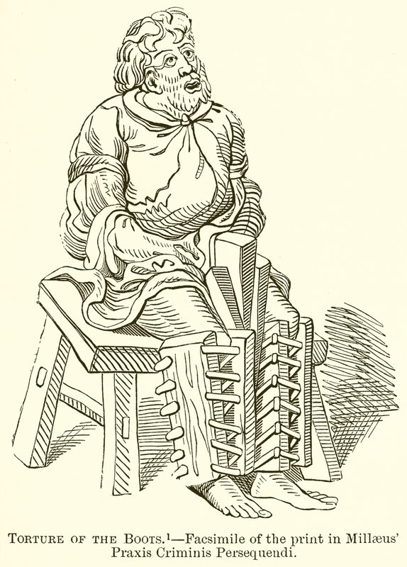 Tortura degli stivali. Facsimile della stampa in Millaeus Praxis Criminis Persequendi da English School