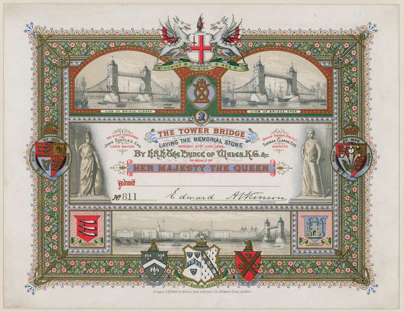 Tower Bridge, Londra, Invito alla posa della pietra commemorativa, 21 giugno 1886 da English School