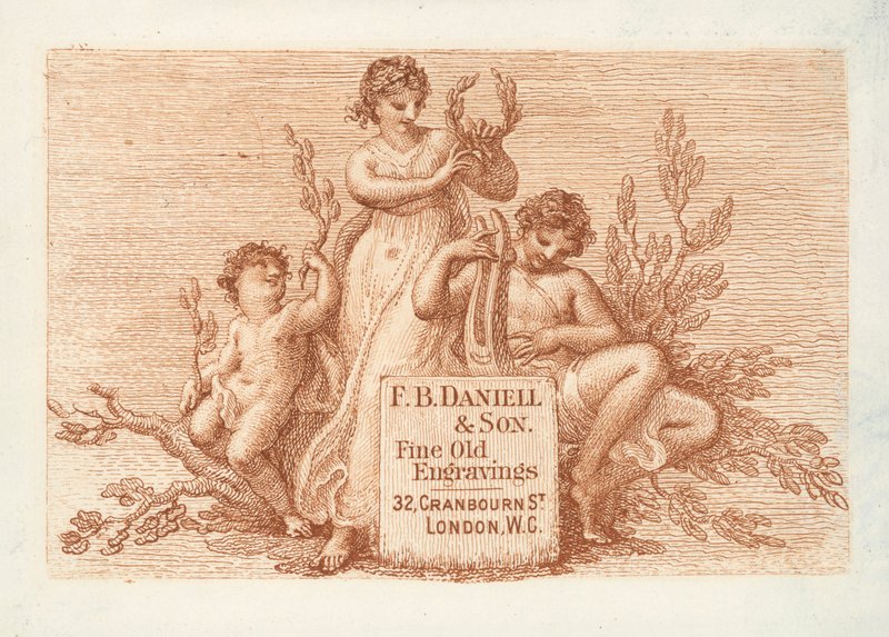 Biglietto da visita per F B Daniell & Son, vecchie incisioni di pregio, Londra da English School