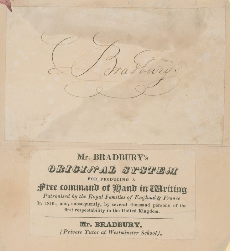 Biglietto da visita per il sistema originale del signor Bradbury per ottenere una scrittura fluida da English School