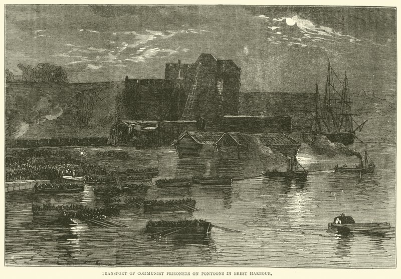 Trasporto di prigionieri comunisti su pontoni nel porto di Brest, 1871 da English School