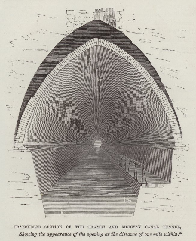 Sezione trasversale del tunnel del canale Tamigi e Medway (incisione) da English School
