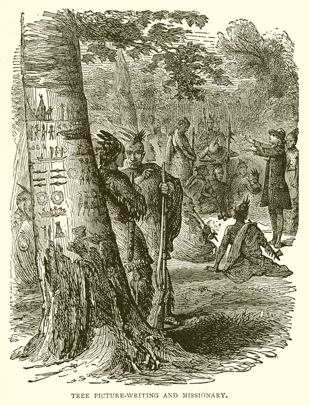 Scrittura pittorica su albero e missionario da English School