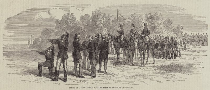 Prove di un nuovo fucile da cavalleria francese nel campo di Chalons (incisione) da English School