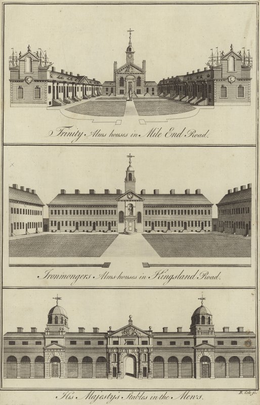 Trinity Almshouses in Mile End Road, Ironmongers Almshouses in Kingsland Road e le Scuderie di Sua Maestà nelle Mews, Londra da English School