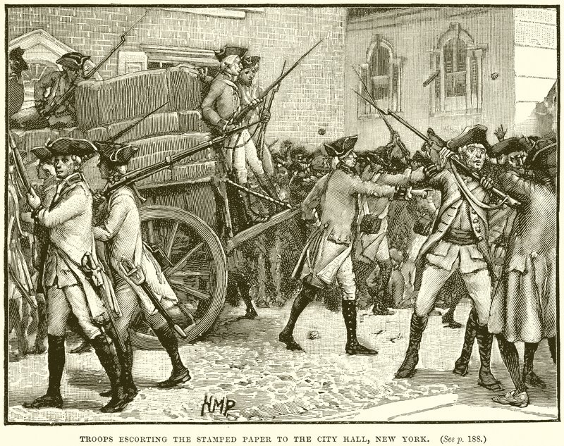 Truppe che scortano la carta bollata al municipio di New York da English School
