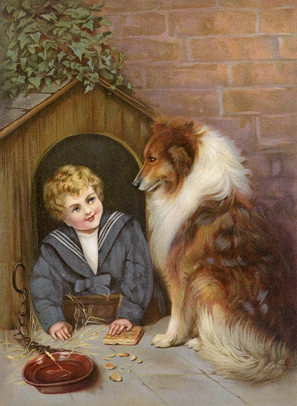 Turned Out - Ragazzo che finge di essere un cane Collie (litografia a colori) da English School