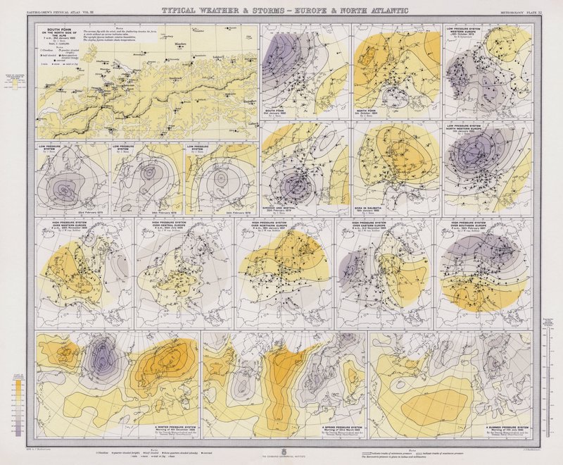 Tempo tipico e tempeste, Europa e Nord Atlantico (litografia a colori) da English School