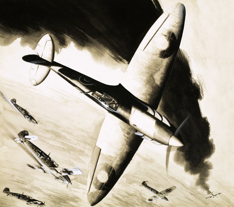 Spitfire non identificato in combattimento con caccia tedeschi da English School
