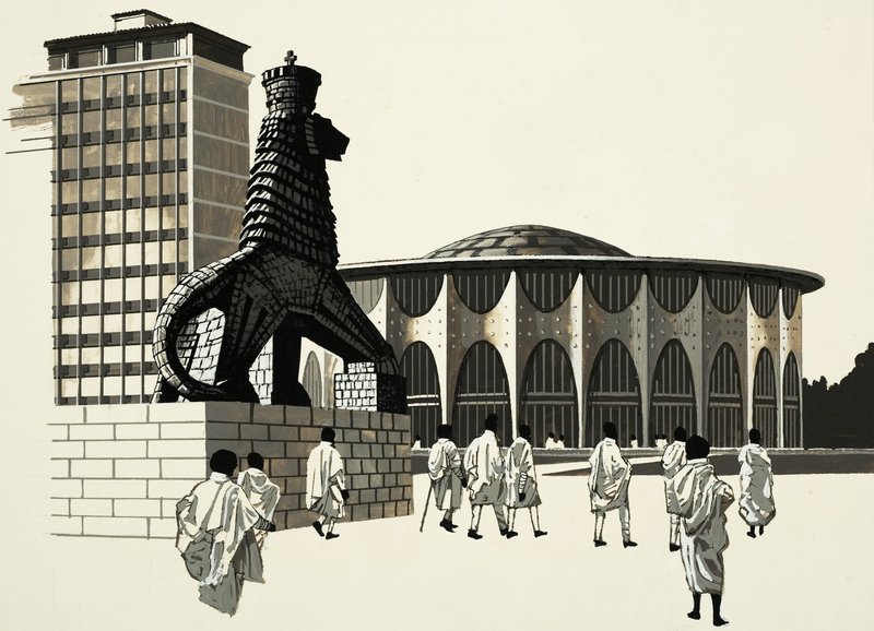Scena di città non identificata con strana statua da English School