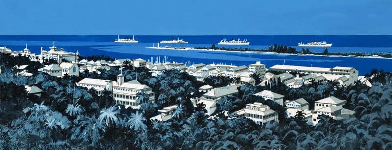 Costa non identificata con villaggio e barche all
