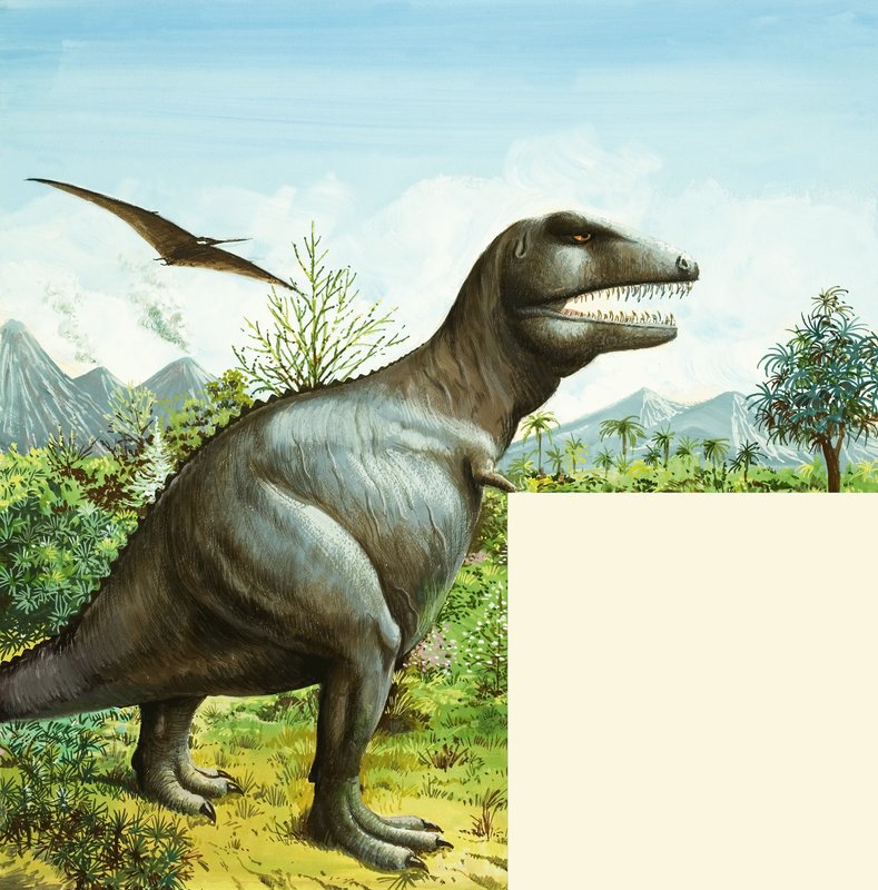 Scena di dinosauri non identificata con T Rex e Pterodattilo da English School