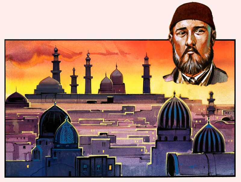 Uomo non identificato e città mediorientale da English School