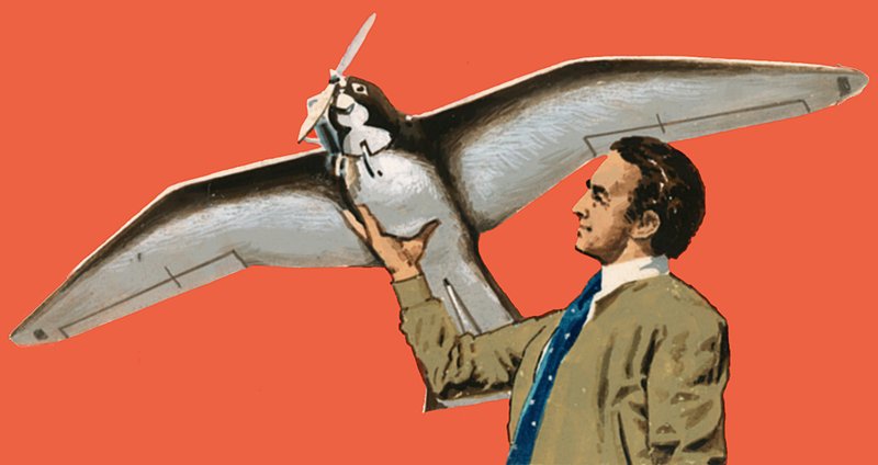 Uomo non identificato con aereo a forma di uccello con elica da English School