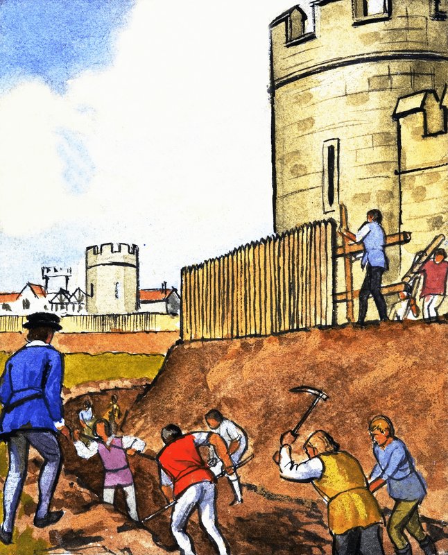 Scena non identificata di uomini che scavano un fossato attorno a un castello da English School