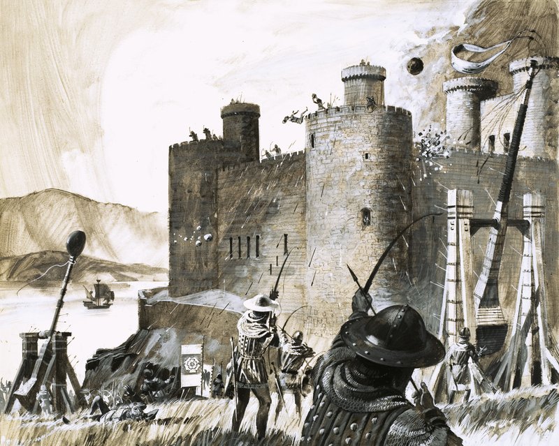 Assedio di un castello con un trabucco non identificato da English School