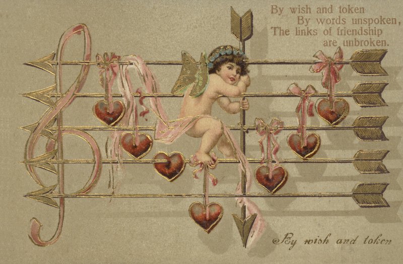 Biglietto di San Valentino, con Cupido, freccia e spartito musicale da English School