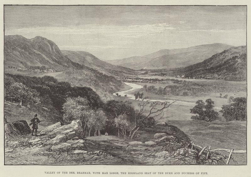 Valle del Dee, Braemar, con Mar Lodge, la residenza montana del duca e della duchessa di Fife (incisione) da English School