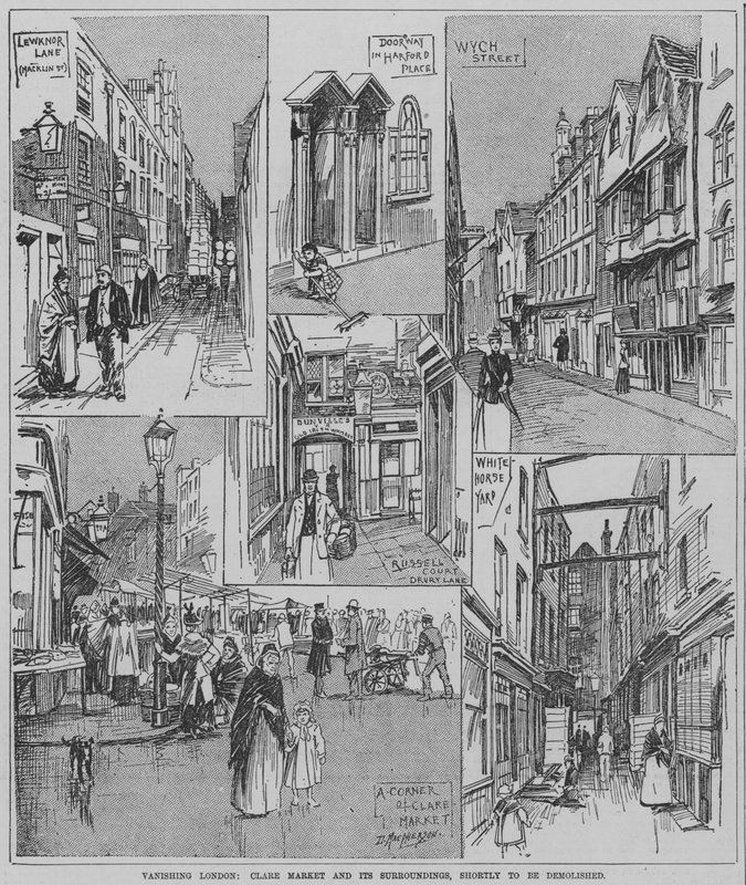 Londra che scompare: Clare Market e le sue strade circostanti poco prima della demolizione da English School