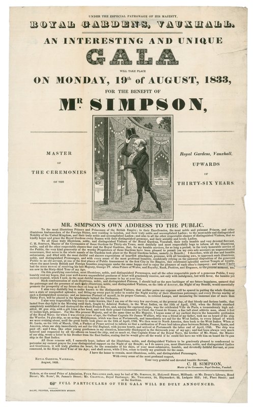 Giardini di Vauxhall, beneficio per il signor Simpson, 19 agosto 1833 da English School