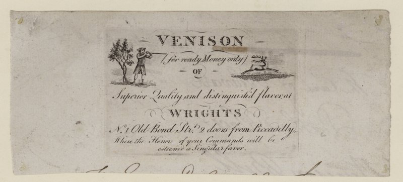 Venditore di venison, Wrights, biglietto da visita da English School