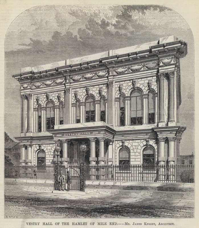 Sala del Consiglio del borgo di Mile End (incisione) da English School