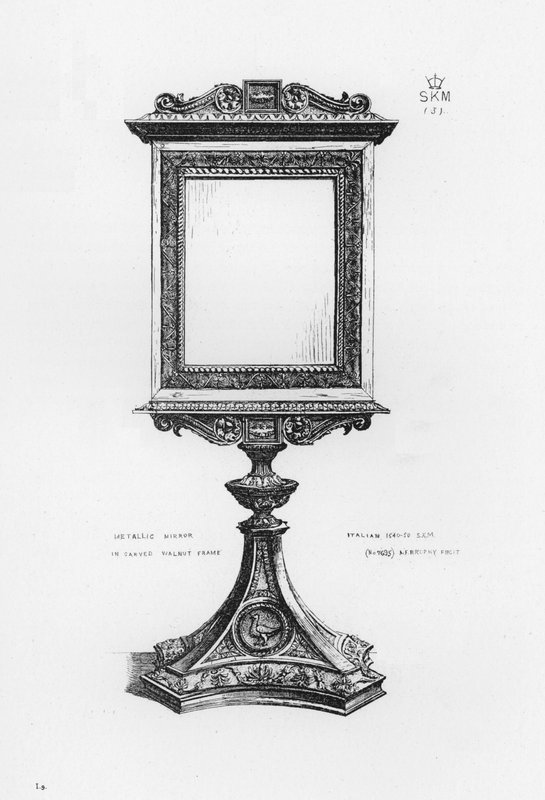 Specchio metallico in cornice di noce intagliata, italiano da English School