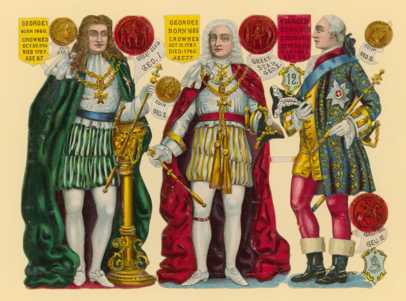 Ritaglio vittoriano: Re Giorgio I, Re Giorgio II, Re Giorgio III da English School