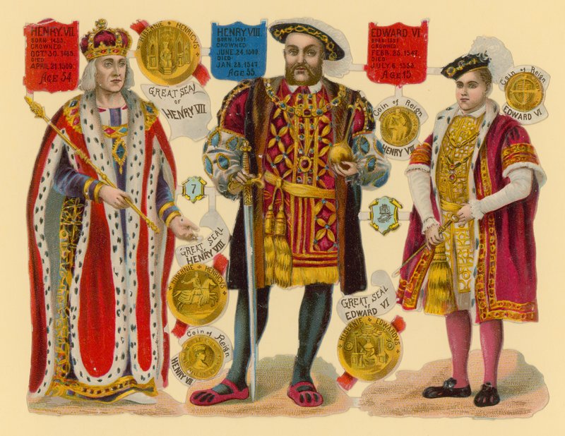 Ritaglio vittoriano: Re Enrico VII, Re Enrico VIII, Re Edoardo VI da English School