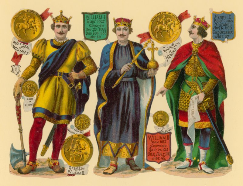 Ritaglio vittoriano: Re Guglielmo I, Re Guglielmo II, Re Enrico I da English School