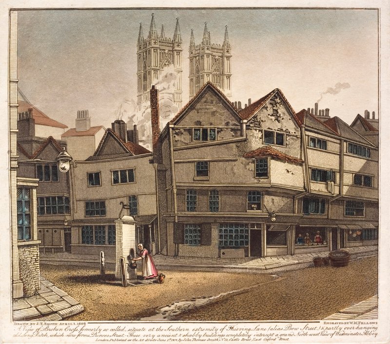 Veduta di Broken Cross, alla fine di Thieving Lane, Westminster, Londra da English School