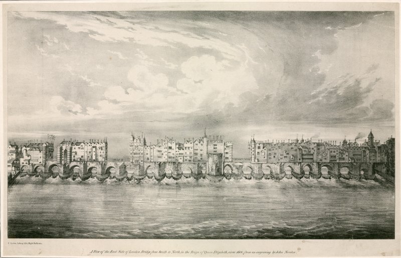 Vista del vecchio London Bridge come nel regno della regina Elisabetta I da English School
