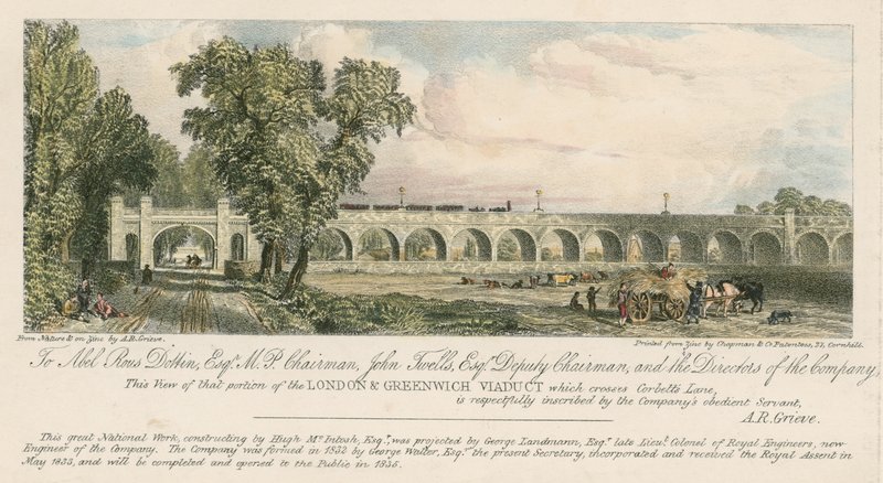 Veduta di una parte del viadotto di Londra e Greenwich, dove attraversa Corbetts Lane, Londra da English School