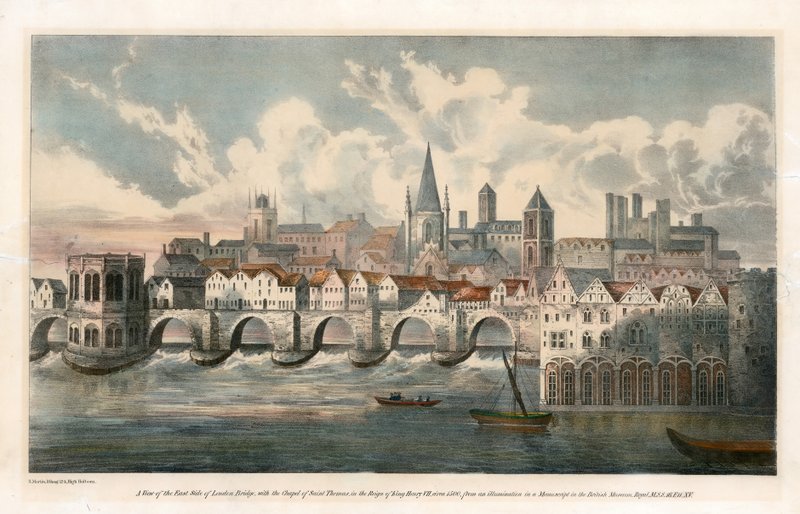 Veduta del lato est del Vecchio Ponte di Londra dai BM Royal MSS da English School