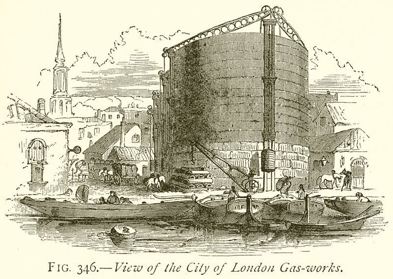 Veduta della città dei gasometri di Londra da English School