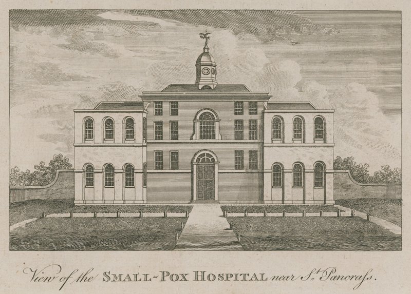 Vista del Smallpox Hospital vicino a St Pancras, Londra da English School