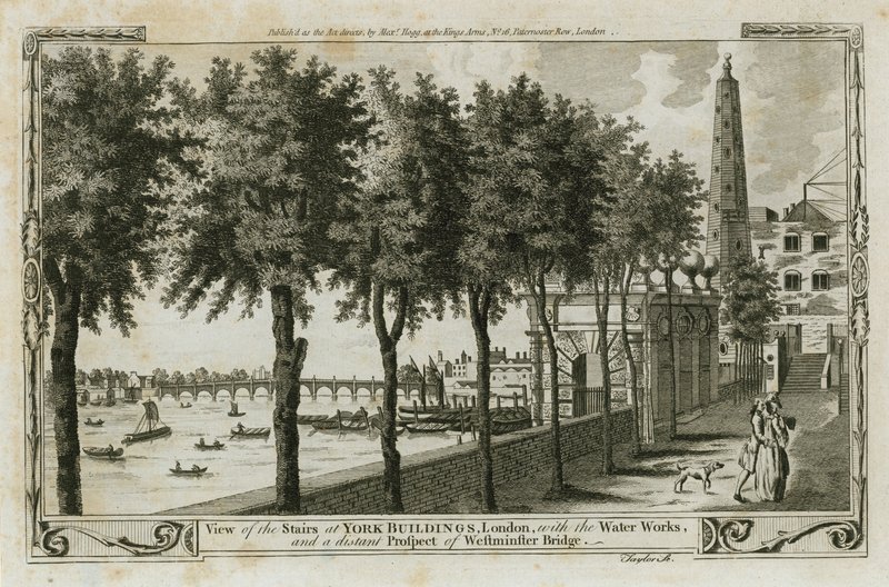 Vista delle scale degli edifici di York, Londra con i lavori idraulici e la prospettiva distante del ponte di Westminster da English School