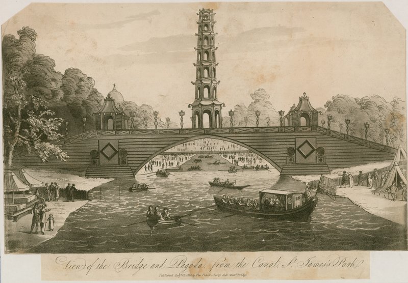 Vista del ponte e della pagoda dal Canale, St Jamess Park, Londra da English School