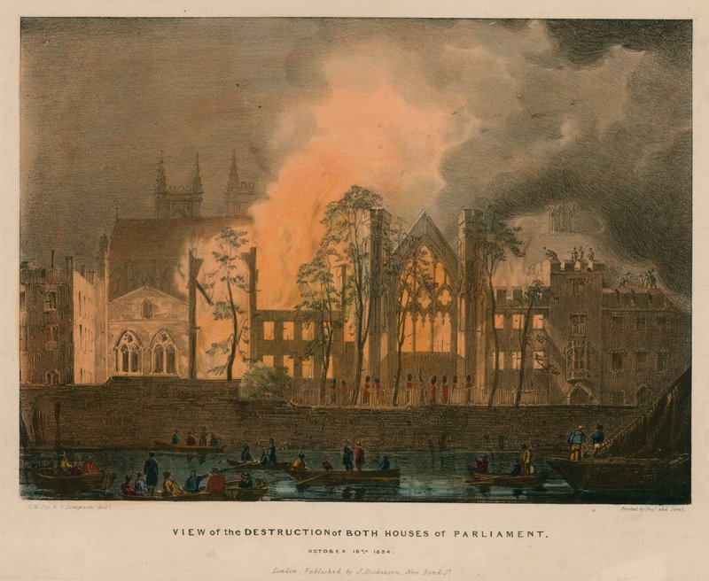 Veduta della distruzione di entrambe le Case del Parlamento, 16 ottobre 1834 da English School