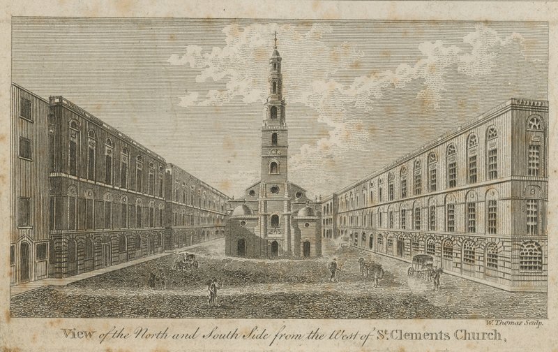 Vista del lato nord e sud da ovest della chiesa di St Clements da English School