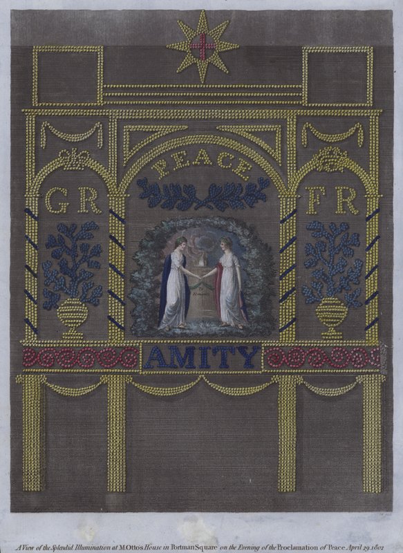 Veduta della splendida illuminazione alla casa di M Otto in Portman Square, Londra, la sera della proclamazione della pace, 29 aprile 1802 da English School