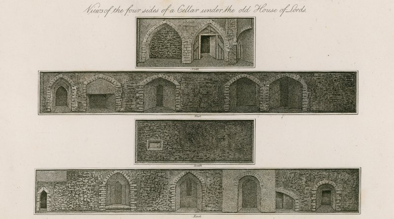 Vedute dei quattro lati di una cantina sotto la vecchia Camera dei Lord da English School