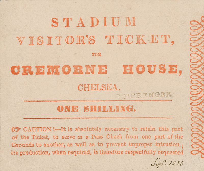 Biglietto per visitatori allo Stadio, Cremorne House, Londra, settembre 1836 da English School