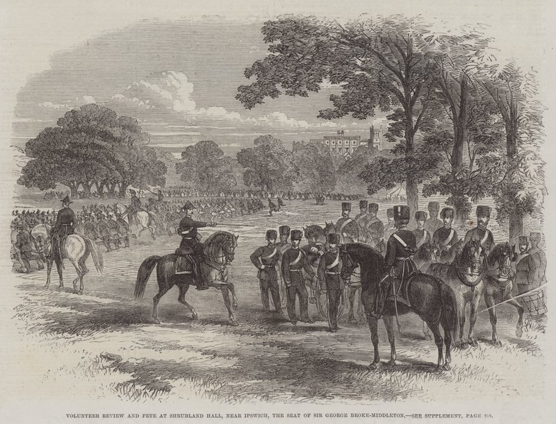Revisione e festa dei volontari a Shrubland Hall, vicino a Ipswich, la residenza di Sir George Broke-Middleton da English School