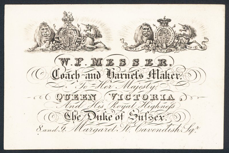 W F Messer, costruttore di carrozze e finimenti per sua maestà la Regina Vittoria e il Duca di Sussex da English School