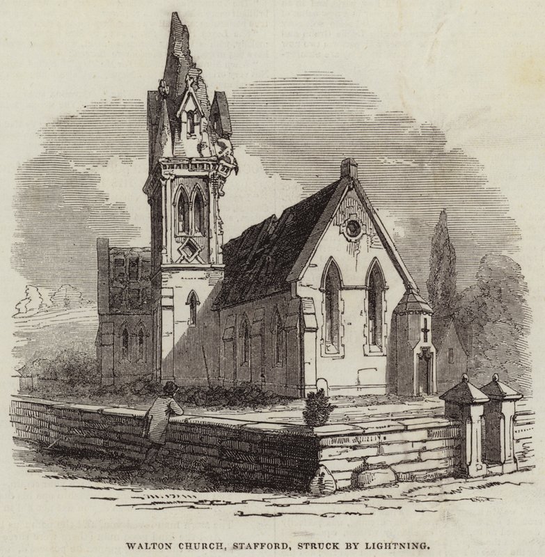 Chiesa di Walton, Stafford, colpita da un fulmine (incisione) da English School